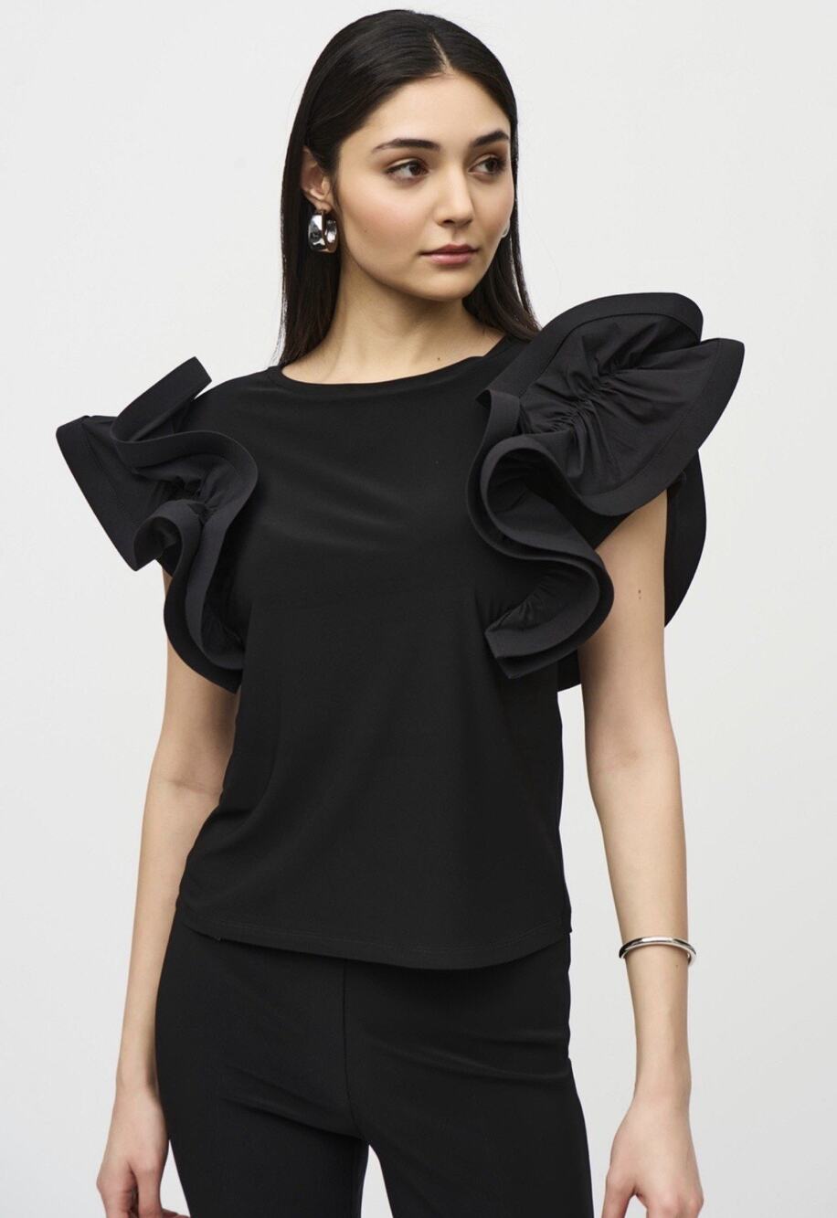 Joseph Ribkoff Black Statement Sleeve Top Style 242236 Size US 12 Ruffle Party